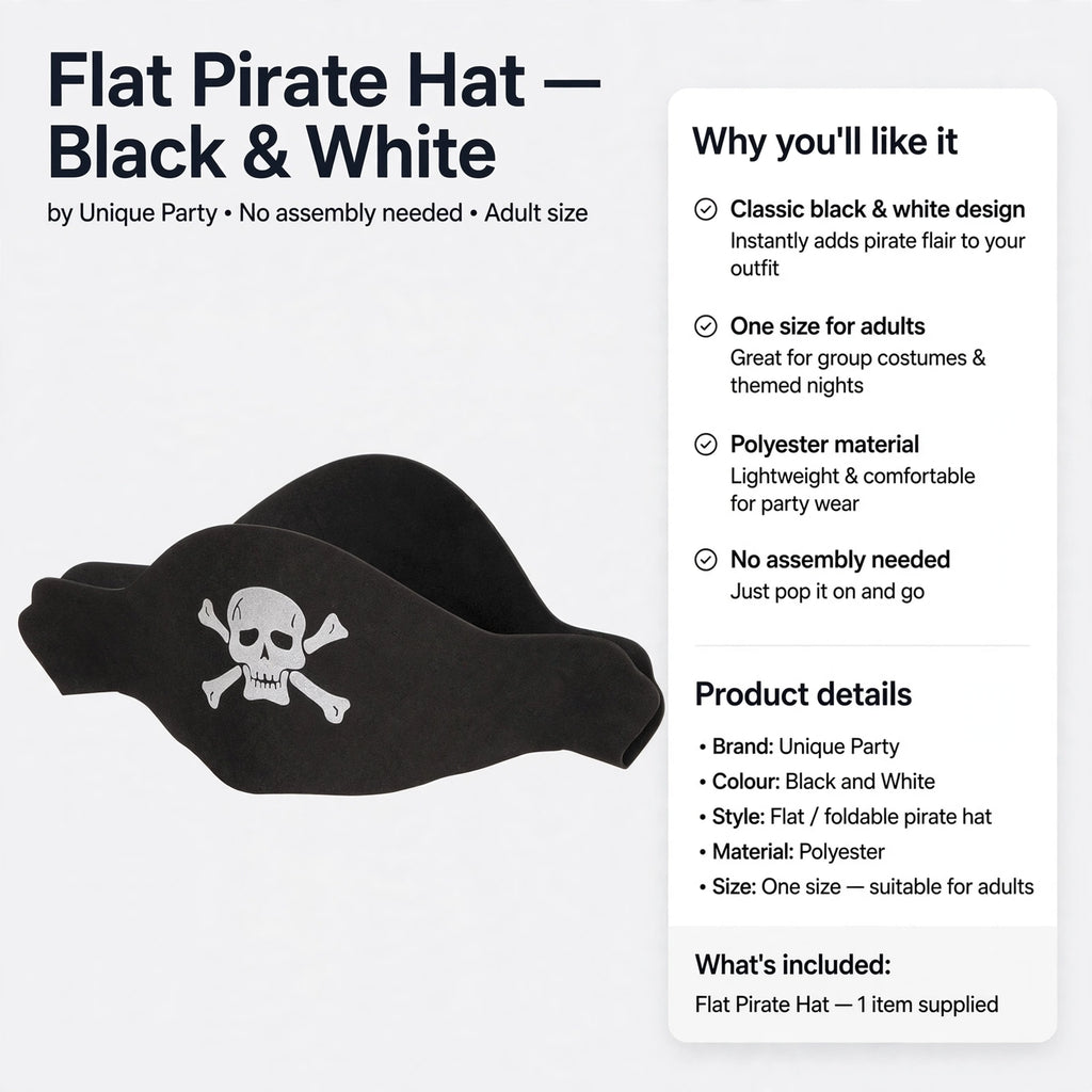 Flat pirate hat with no assembly required and one size fits adults