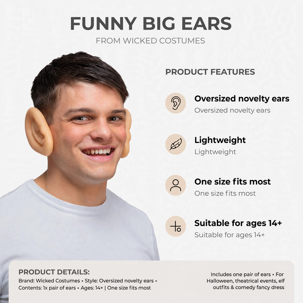 Infographic showing oversized novelty ears, lightweight design, one size fits most, suitable for ages 14 and over