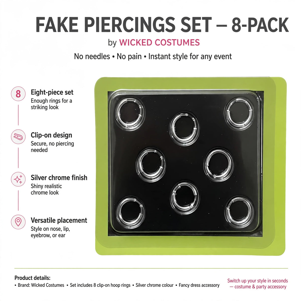 Infographic showing eight silver chrome clip-on hoop rings with versatile placement options