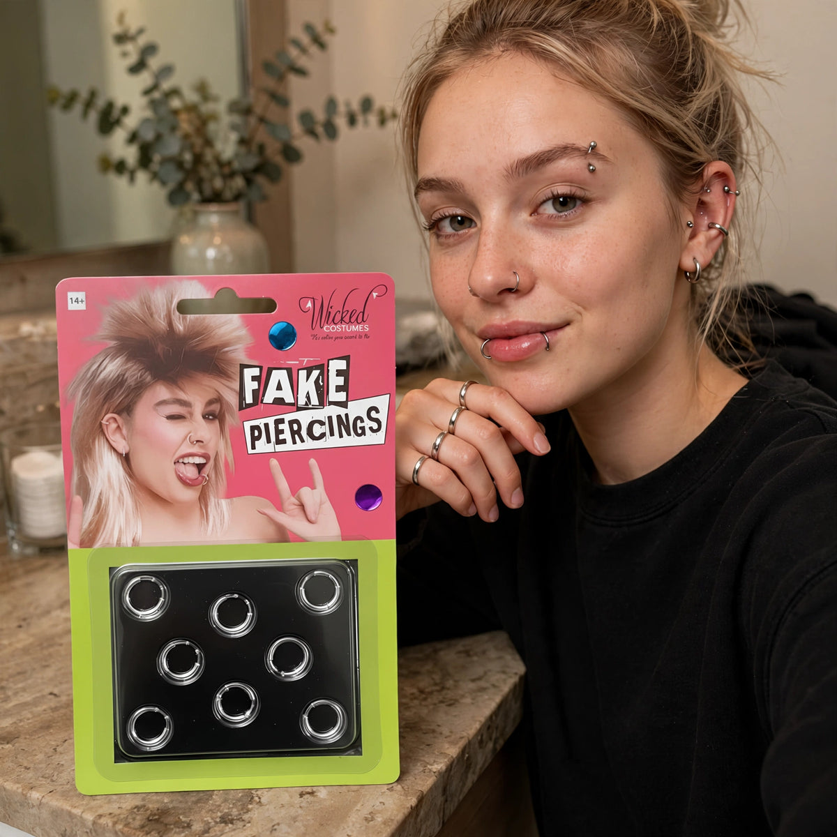 Fake Piercings Set 8-Pack worn as clip-on hoops on nose, lip, eyebrow, and ear