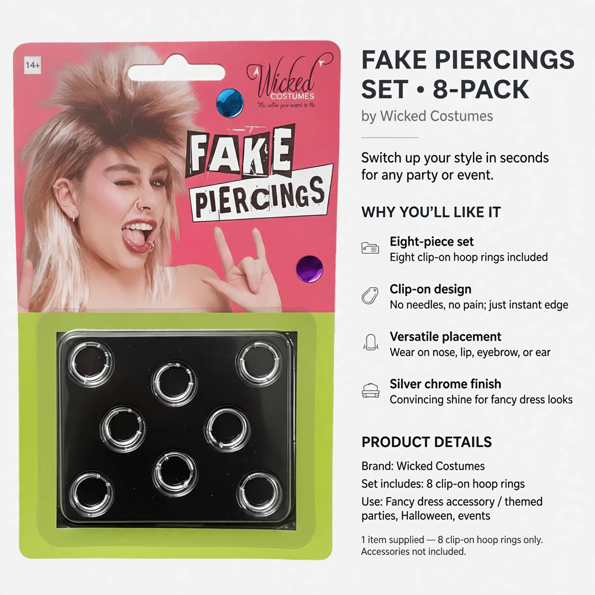 Eight-piece set of clip-on hoop rings for fancy dress with no needles or pain