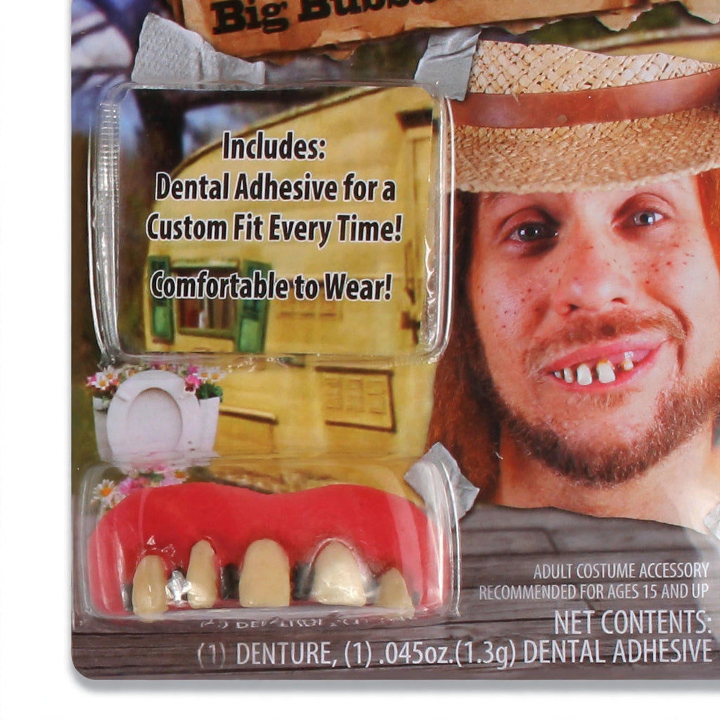 Close-up view of Funworld Big Bubba Red Neck Teeth Dentures and Adhesive