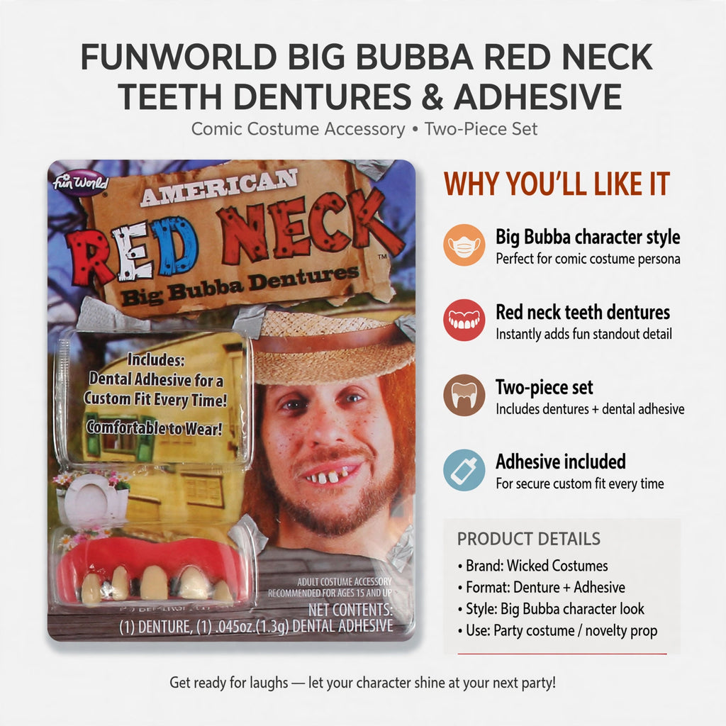Infographic showing Big Bubba character style, red neck teeth dentures, adhesive included, and two-piece set