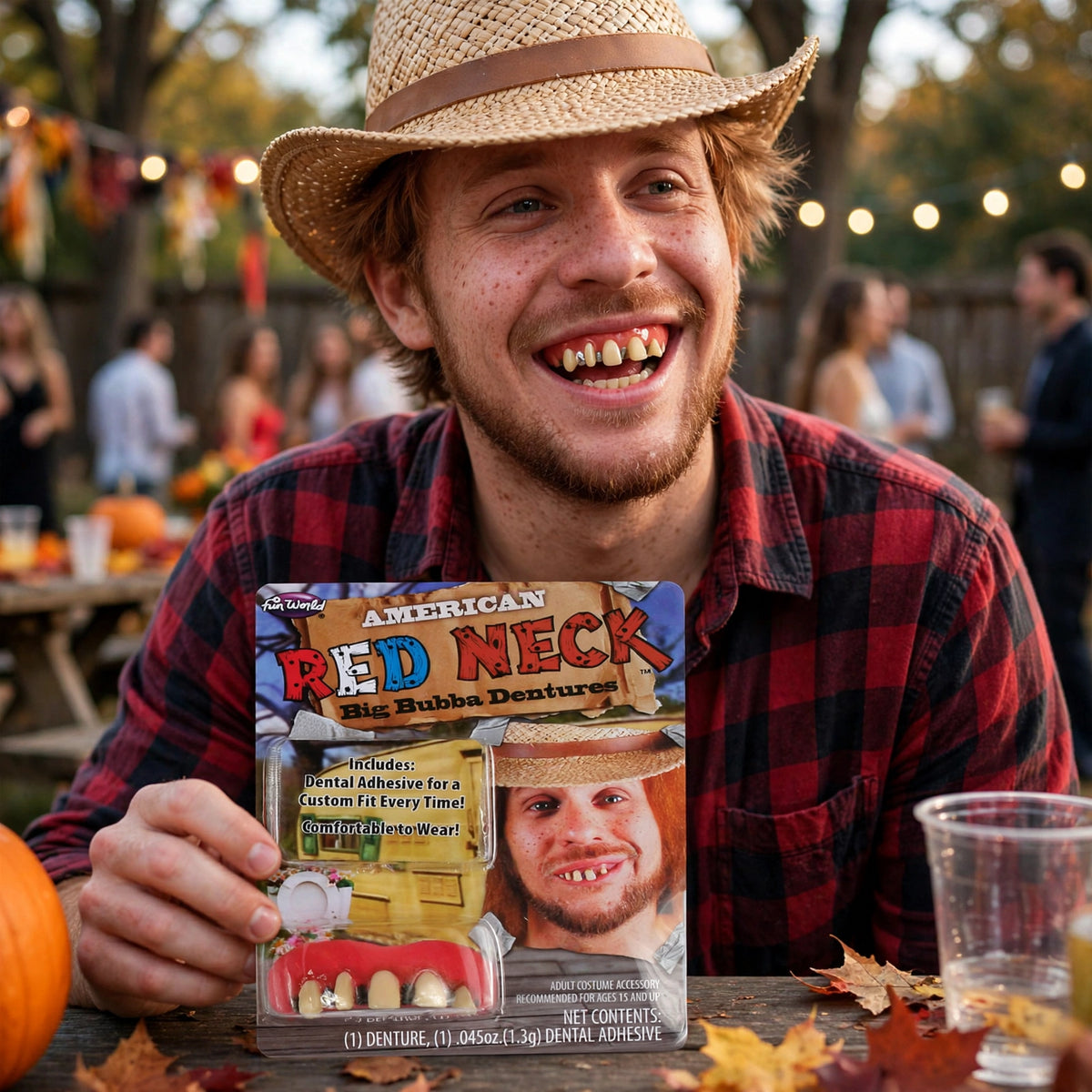 Funworld Big Bubba Red Neck Teeth Dentures worn as part of a comic costume at a fancy dress event