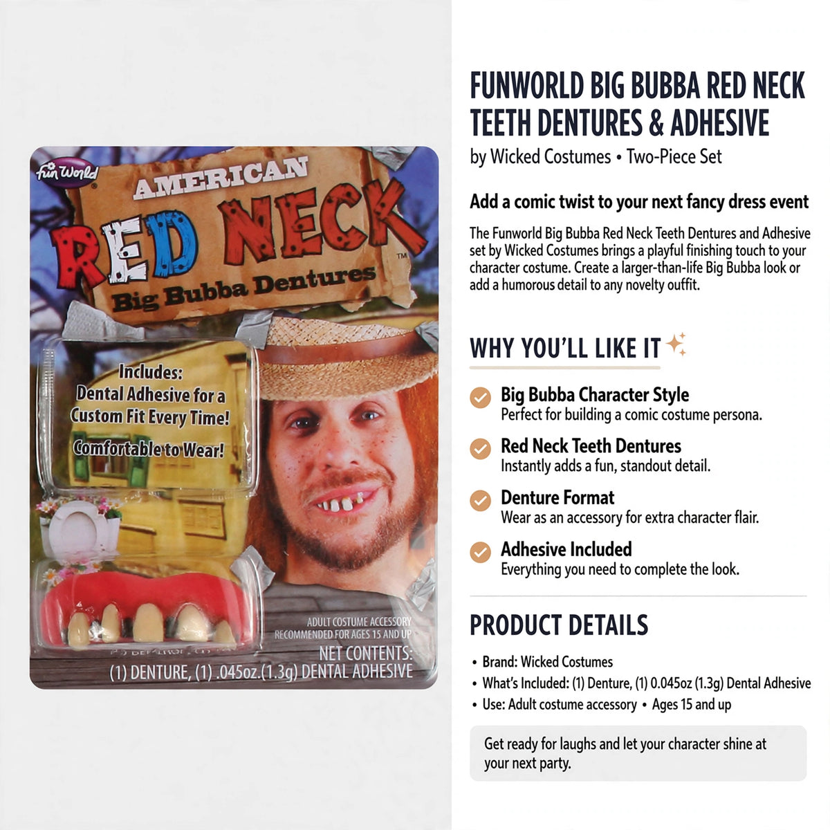 Funworld Big Bubba Red Neck Teeth Dentures and Adhesive set with included adhesive for costume completion