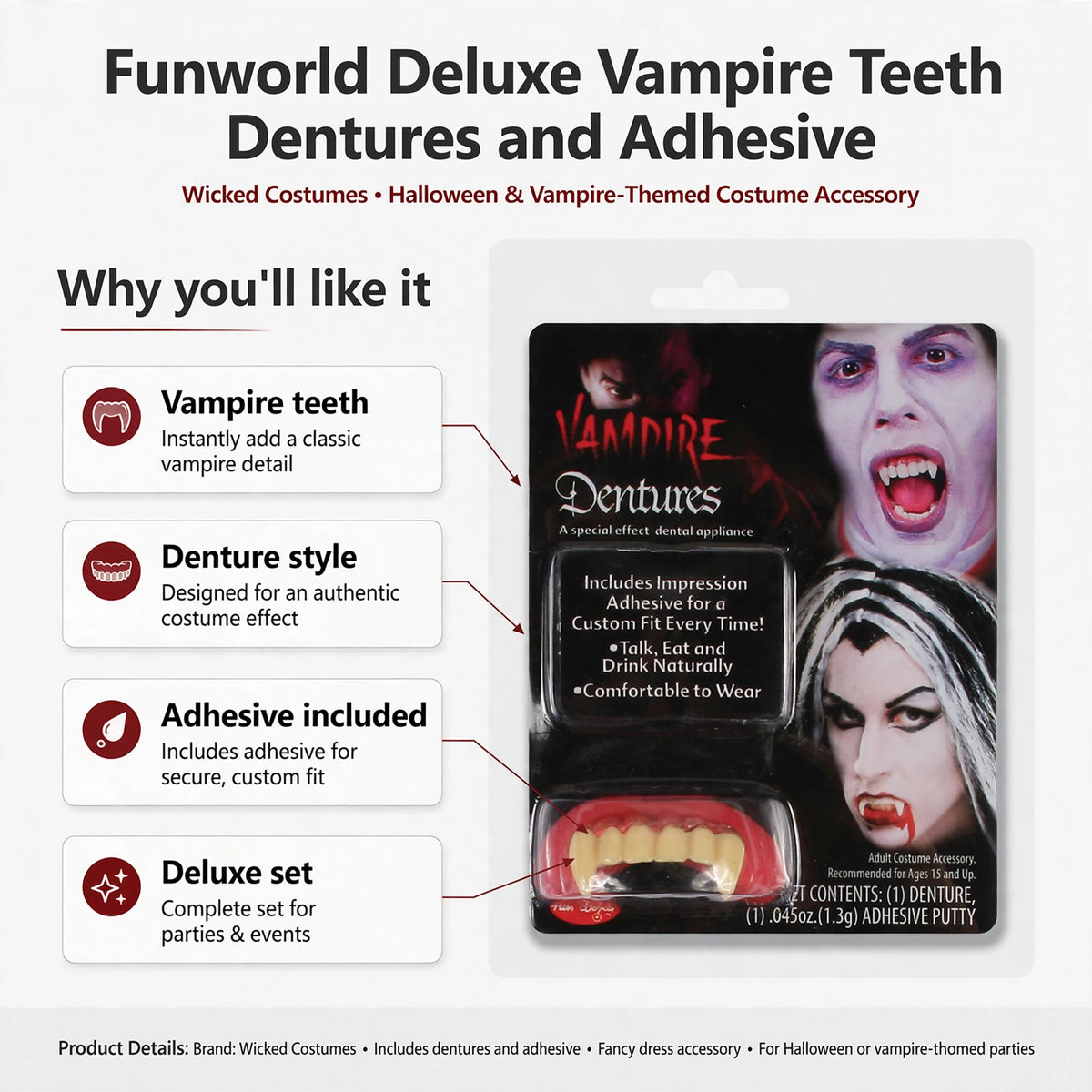 Infographic showing vampire teeth dentures, denture style, adhesive included, and deluxe set features