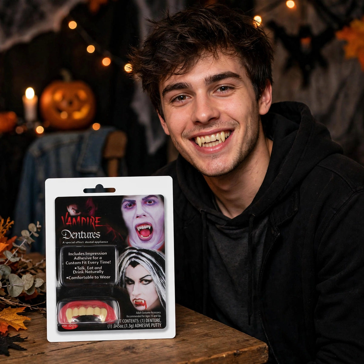 Person wearing Funworld Deluxe Vampire Teeth Dentures and Adhesive as part of a vampire costume