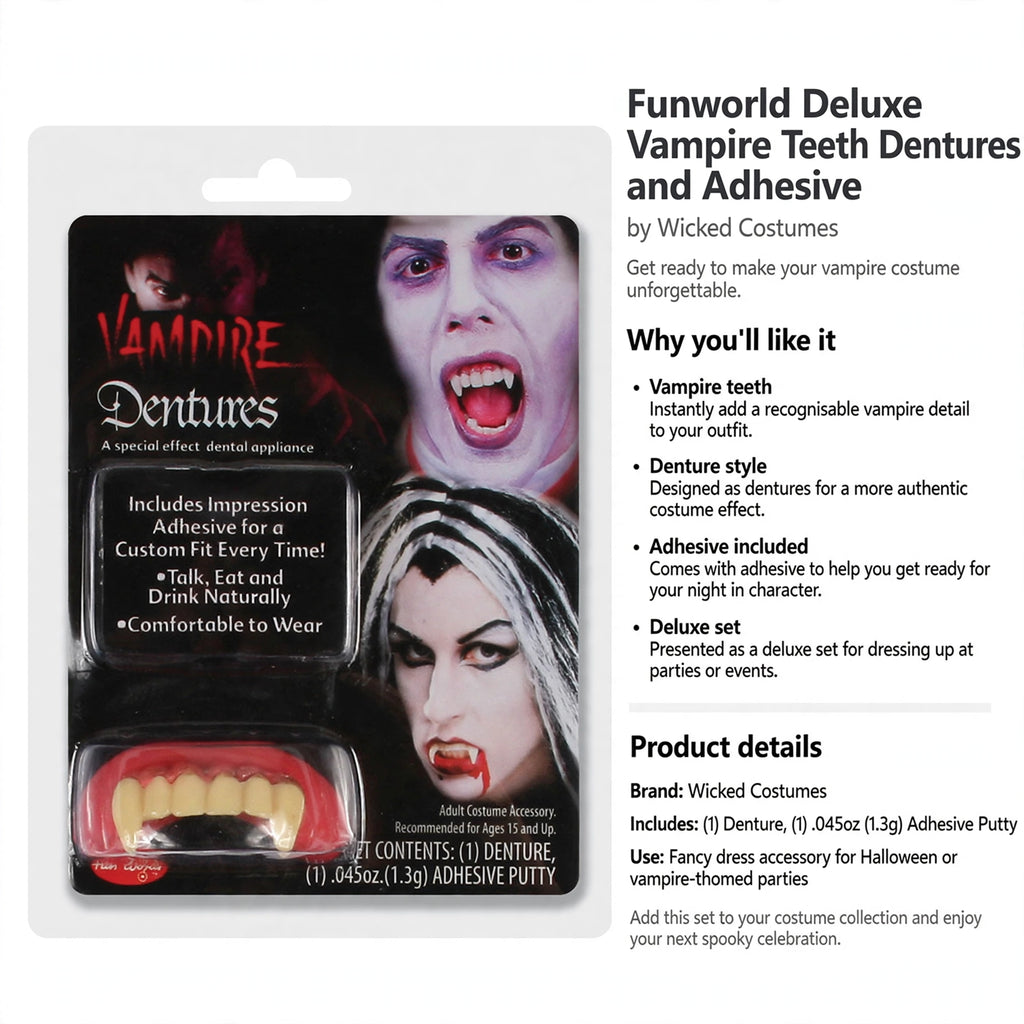 Funworld Deluxe Vampire Teeth Dentures and Adhesive set includes dentures and adhesive for costume use