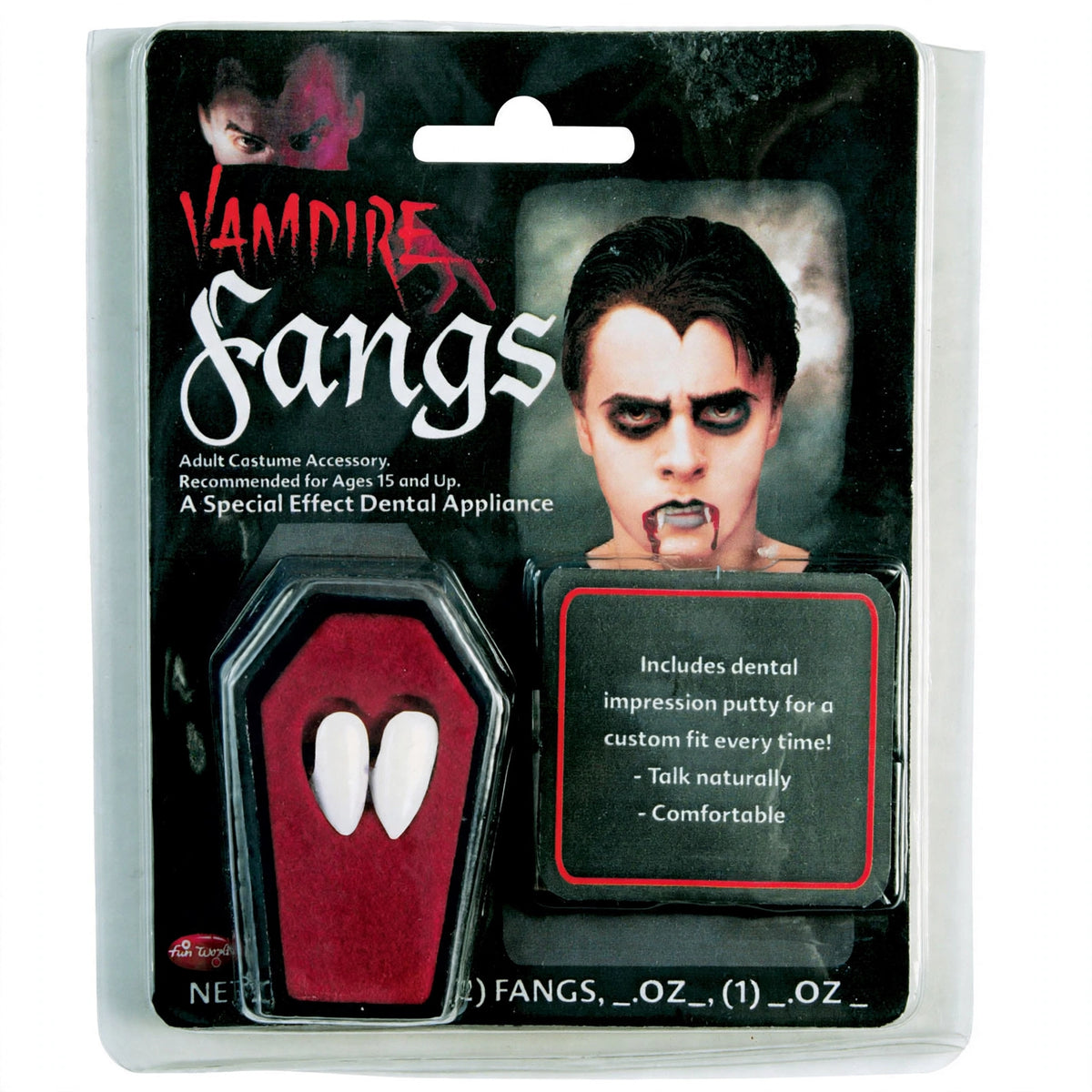 Close-up of Funworld Vampire Fangs And Putty showing fangs and putty