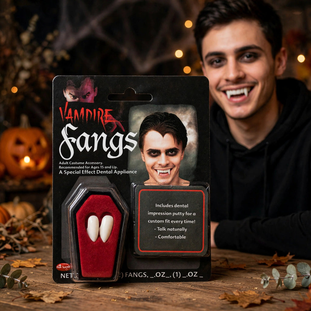 Person wearing Funworld Vampire Fangs And Putty as part of a vampire costume