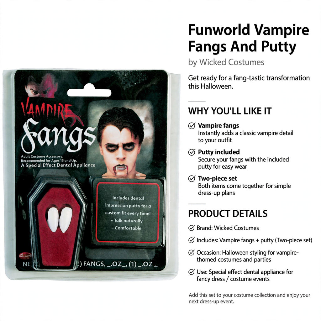 Funworld Vampire Fangs And Putty set includes fangs and putty for easy wear