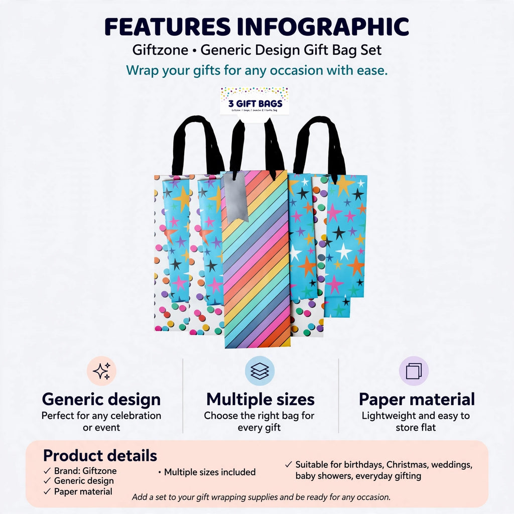 Gift bag set features generic design, multiple sizes, and paper construction