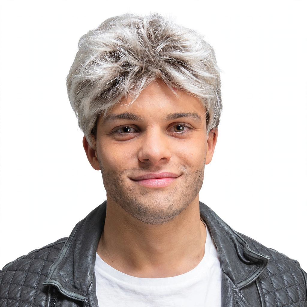 Close-up view of silver-grey synthetic fibres and side-swept design of George Michael 1980s Silver Wig