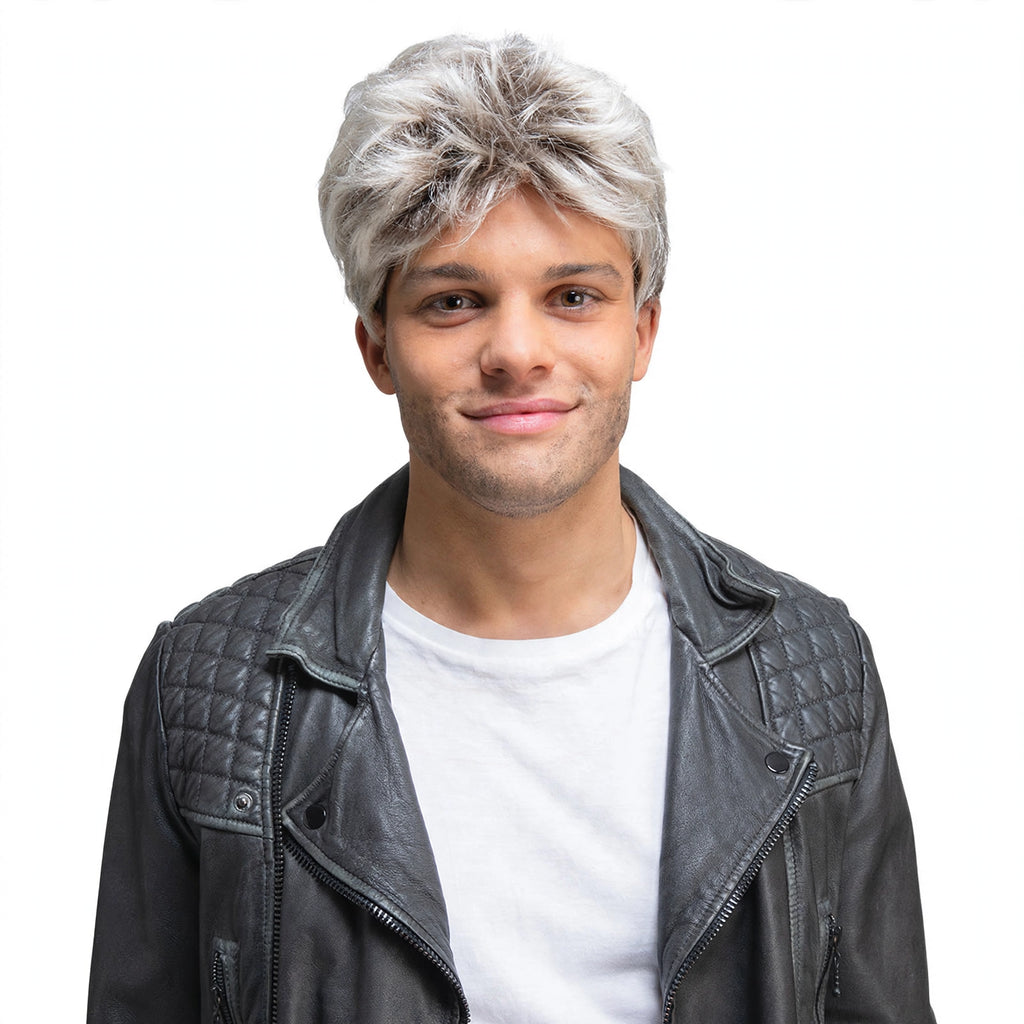 George Michael 1980s Silver Wig with silver-grey synthetic fibres and side-swept style