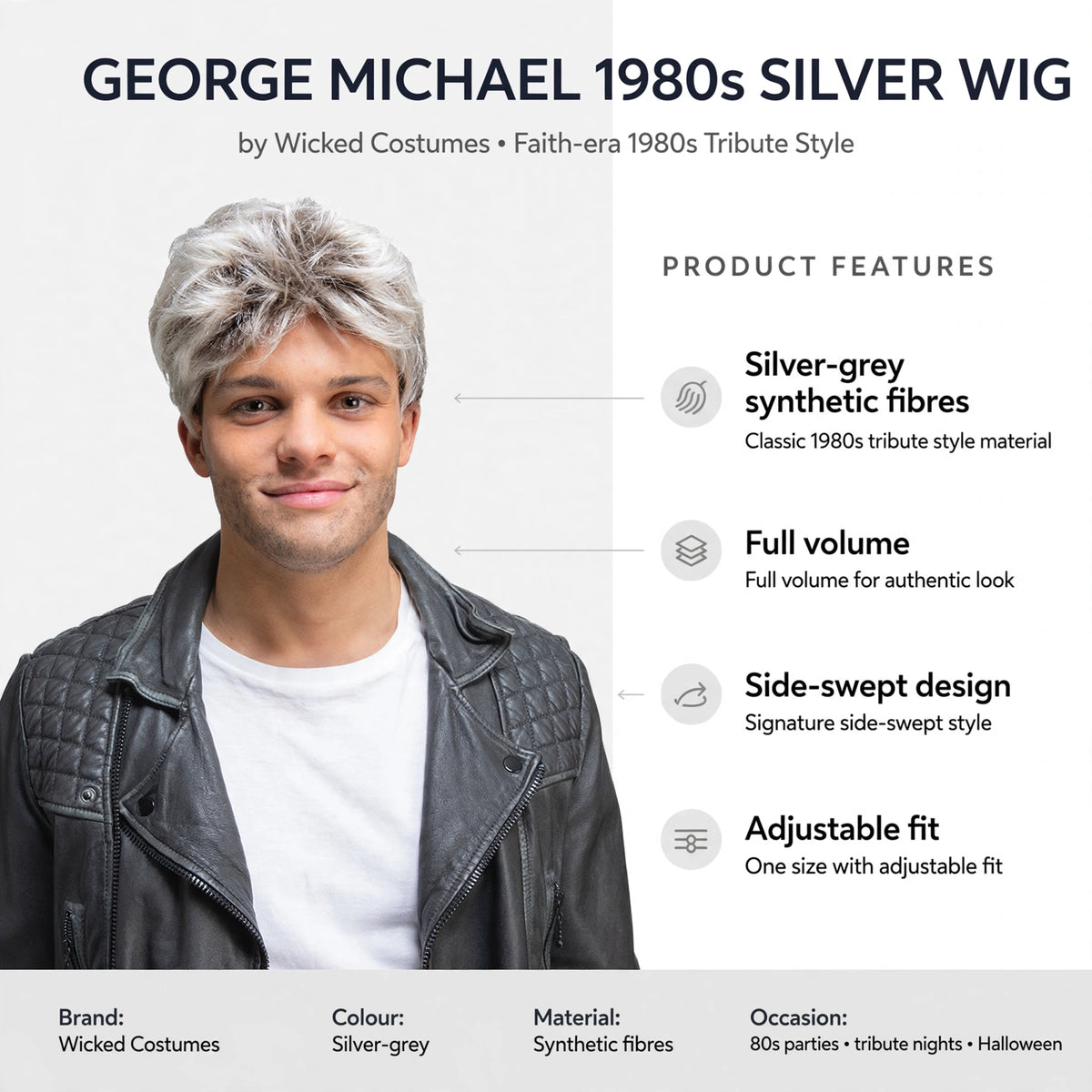 Infographic showing silver-grey synthetic fibres, full volume, side-swept design, and adjustable fit of George Michael 1980s Silver Wig