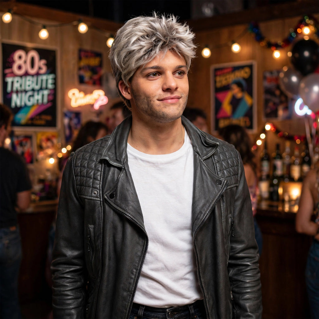 George Michael 1980s Silver Wig styled for 80s parties, tribute nights, or Halloween events
