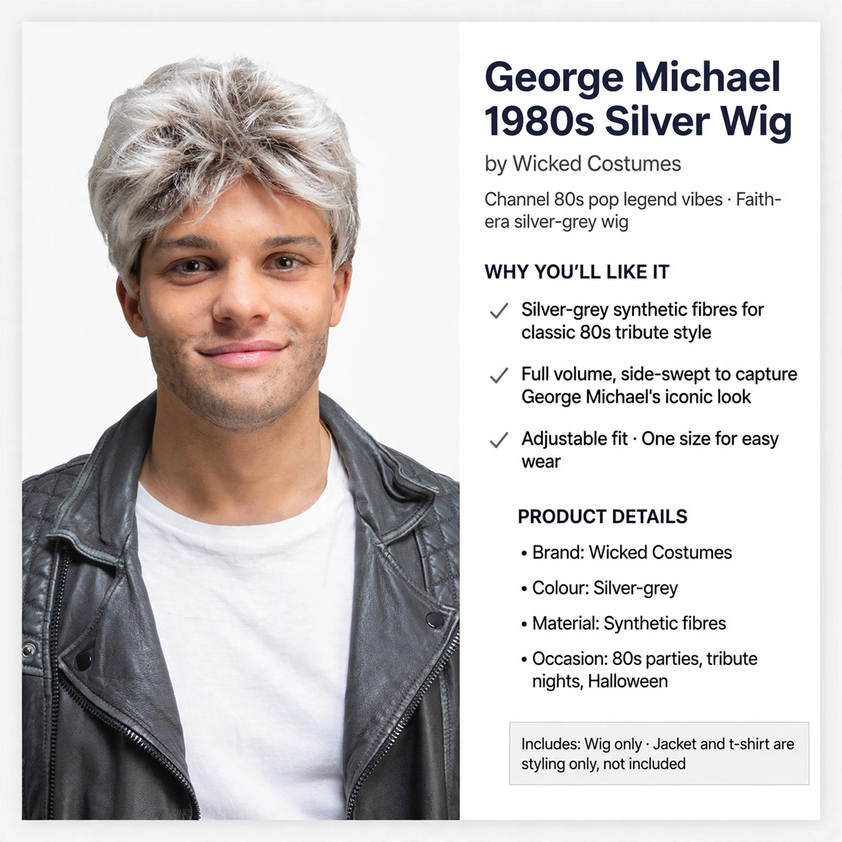 Information about adjustable fit and 1980s Faith-era George Michael style of the silver wig