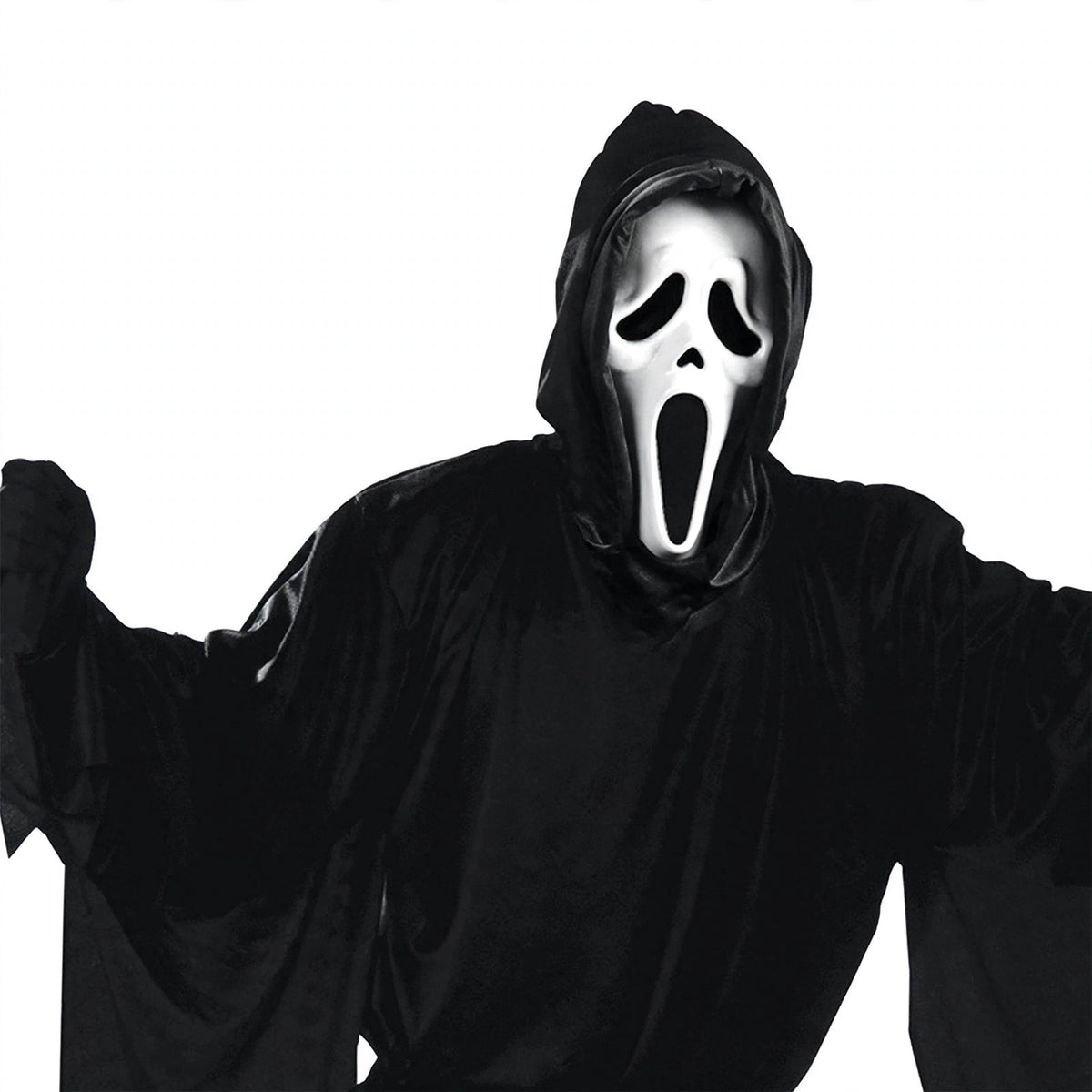 Close-up view of Ghost Face Classic Adult Costume showing hooded robe and tie belt