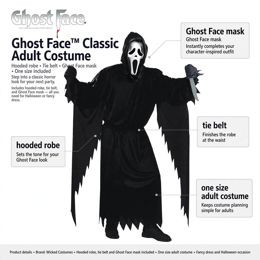 Costume features hooded robe, tie belt, and Ghost Face mask included in one set