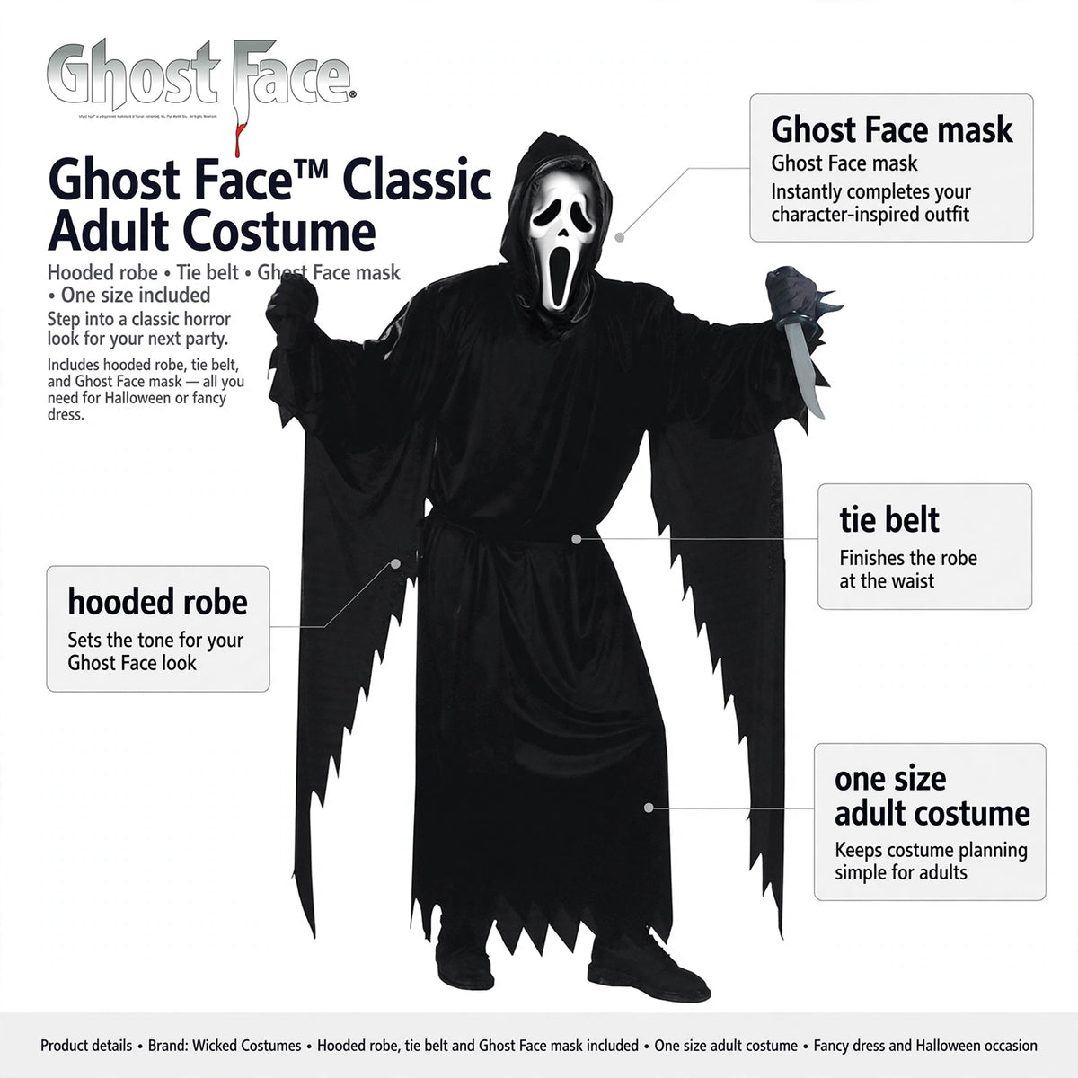 Costume features hooded robe, tie belt, and Ghost Face mask included in one set