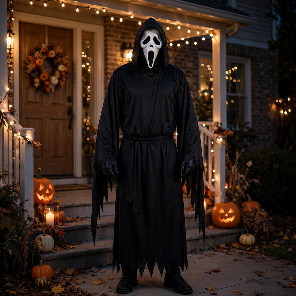 Person wearing Ghost Face Classic Adult Costume with hooded robe, tie belt, and Ghost Face mask at a party