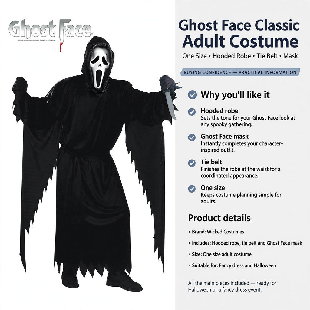 One size adult costume includes hooded robe, tie belt, and Ghost Face mask for Halloween or fancy dress