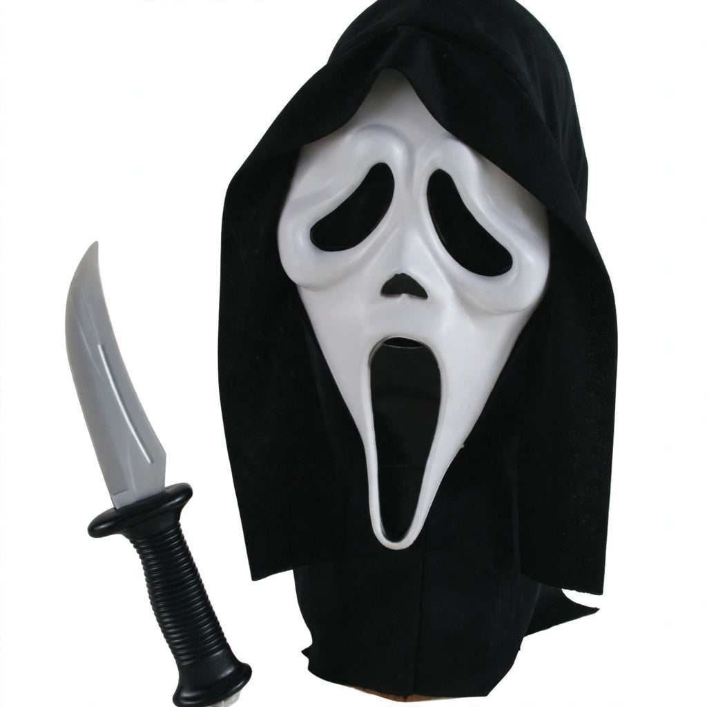 Close-up view of Ghost Face mask and knife accessory