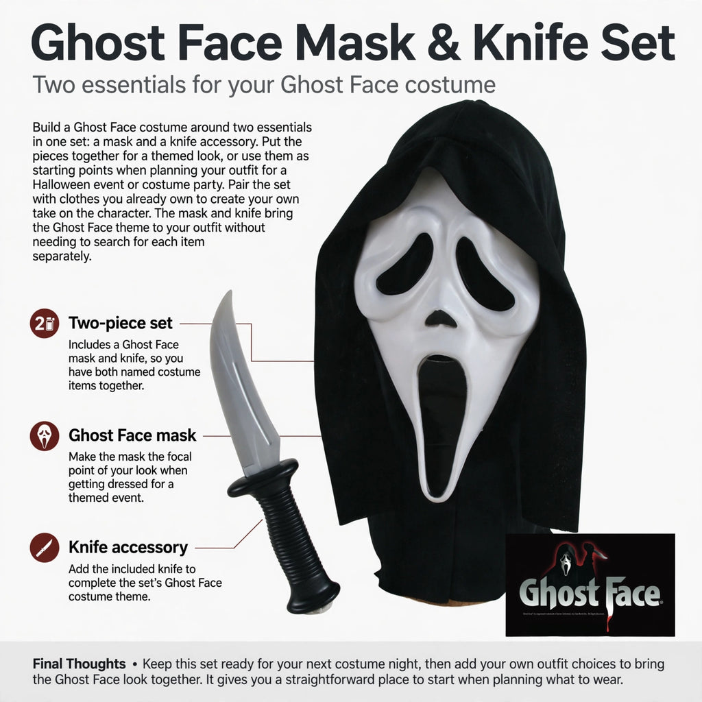 Infographic showing two-piece set with Ghost Face mask and knife accessory