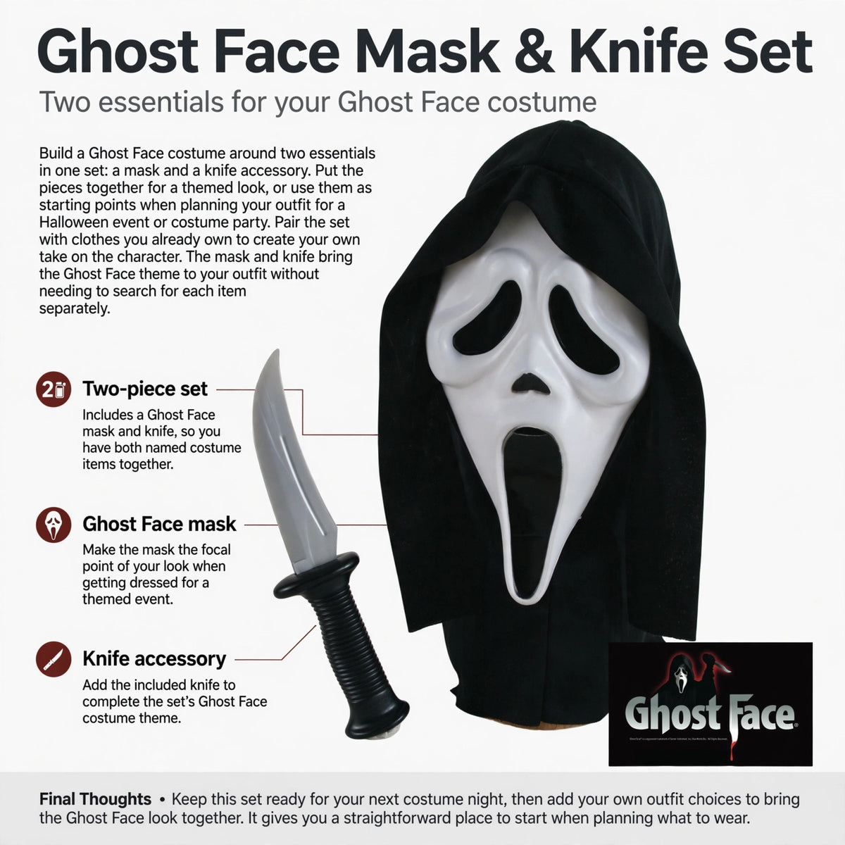 Infographic showing two-piece set with Ghost Face mask and knife accessory