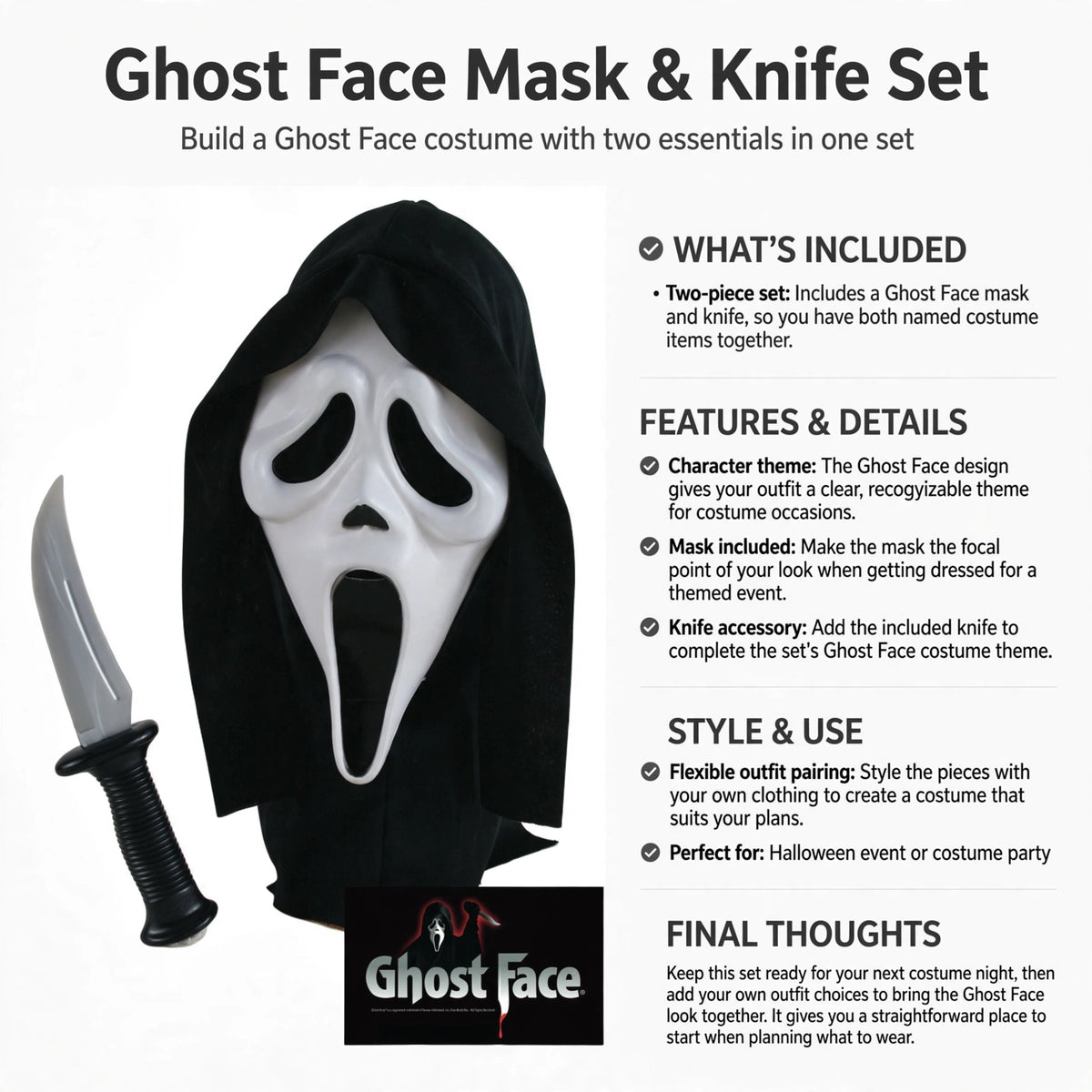 Set includes mask and knife for Ghost Face costume occasions