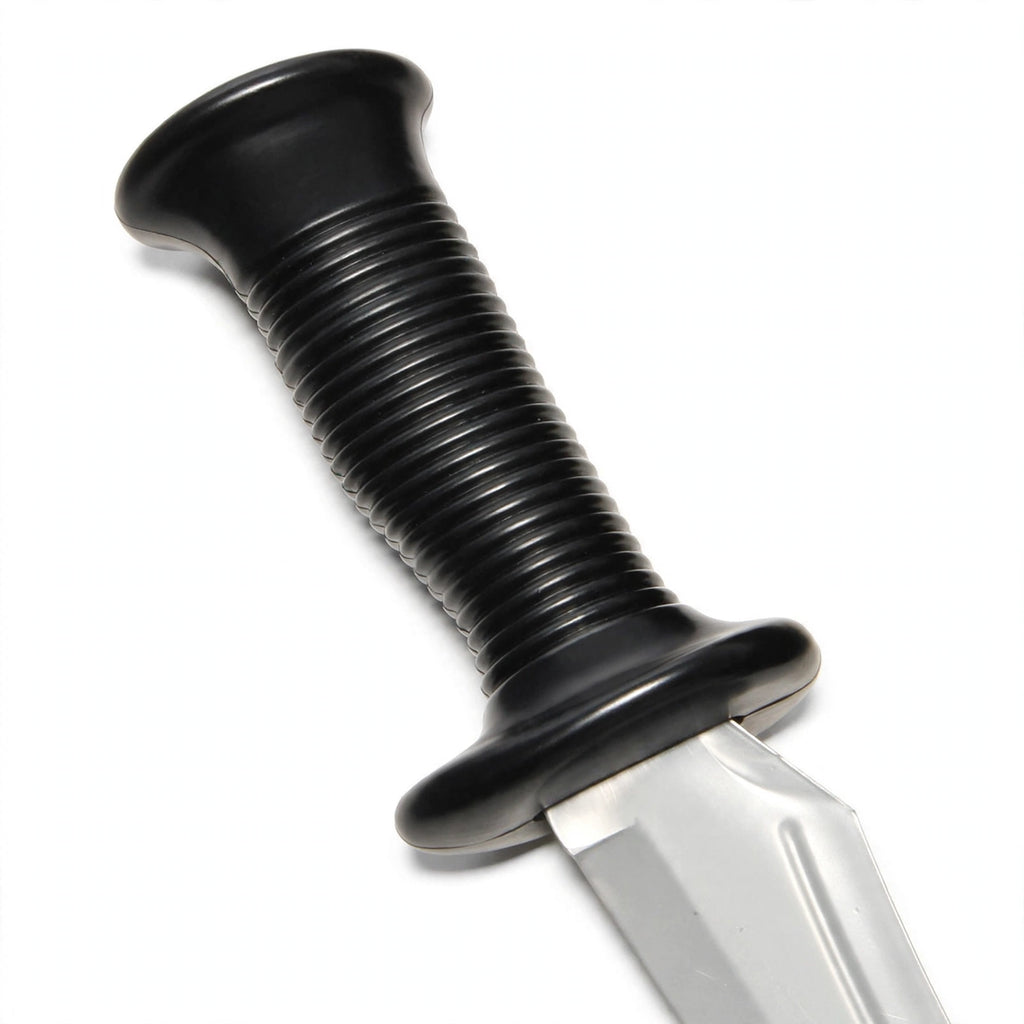 Close-up view of Ghost Face Horror Knife prop showing curved blade and ribbed handle