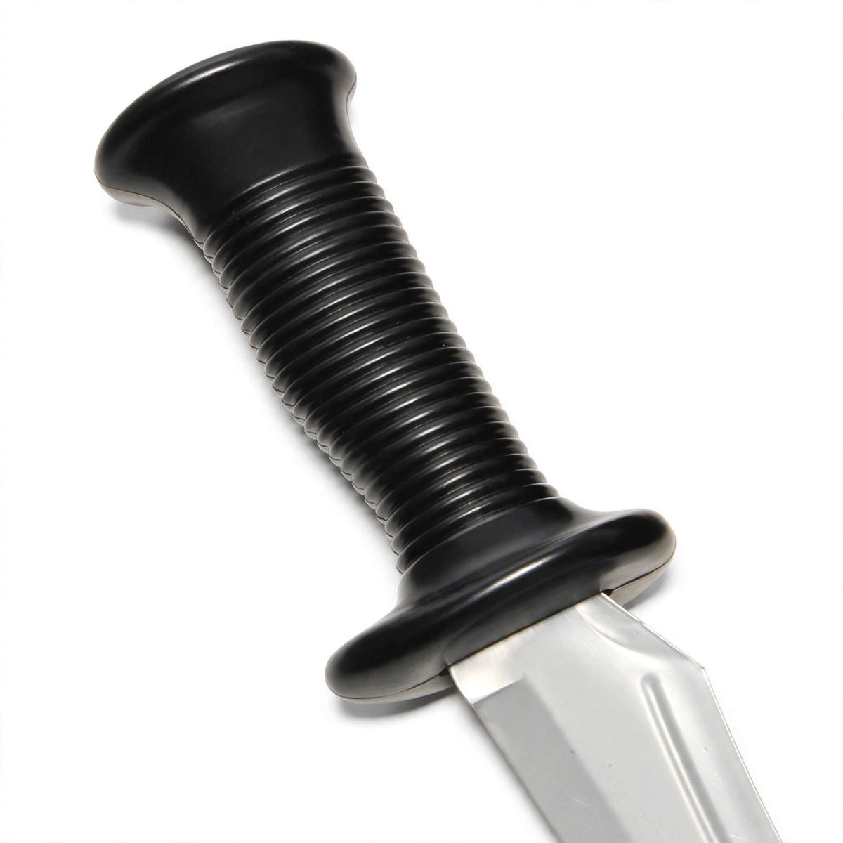 Close-up view of Ghost Face Horror Knife prop showing curved blade and ribbed handle