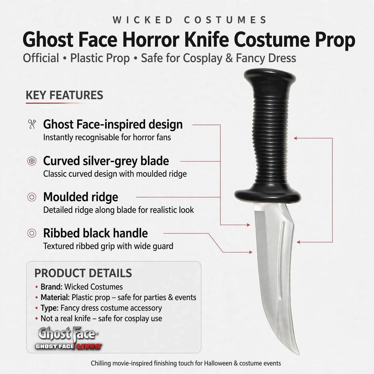 Infographic showing Ghost Face-inspired design, curved silver-grey blade with moulded ridge, ribbed black handle, and plastic material
