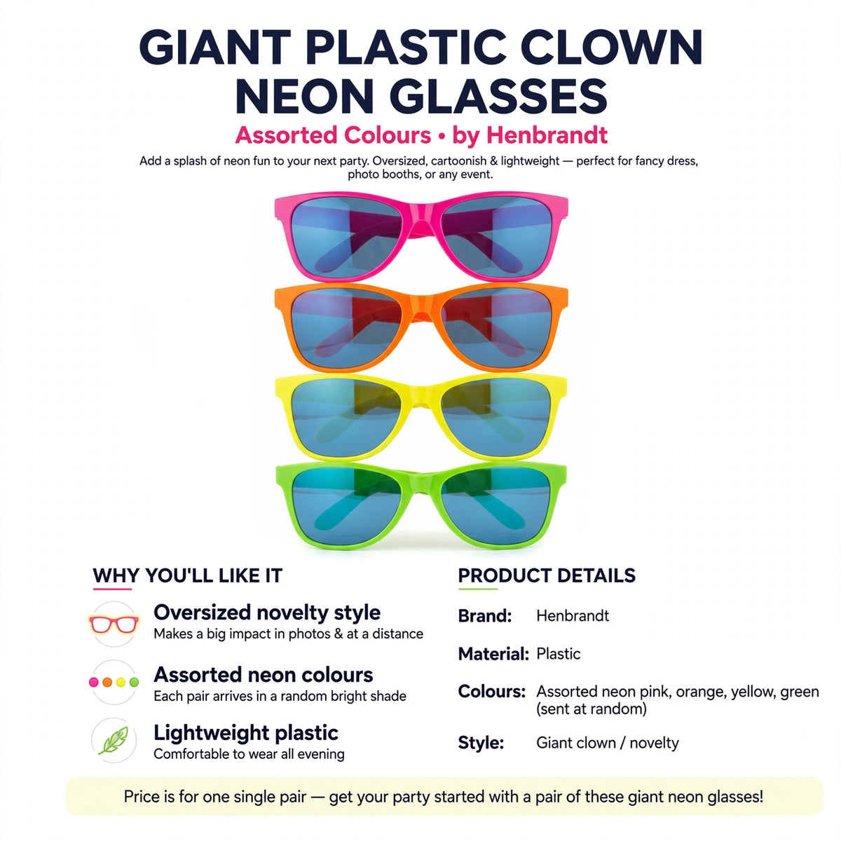 Infographic showing oversized novelty style, assorted neon colours, and lightweight plastic features