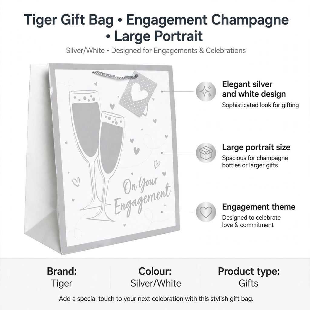 Gift bag features elegant silver and white design; large portrait size; engagement theme