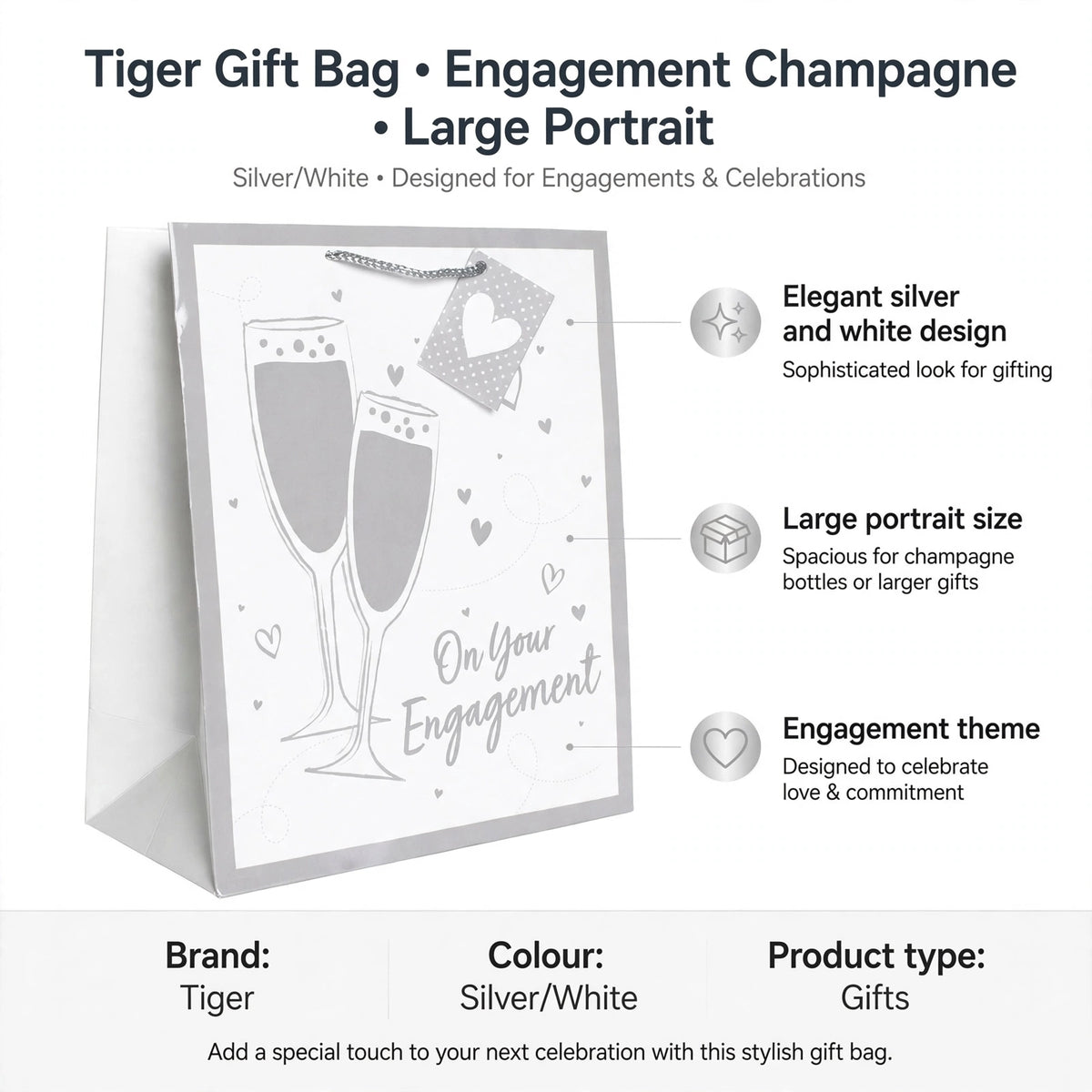 Gift bag features elegant silver and white design; large portrait size; engagement theme