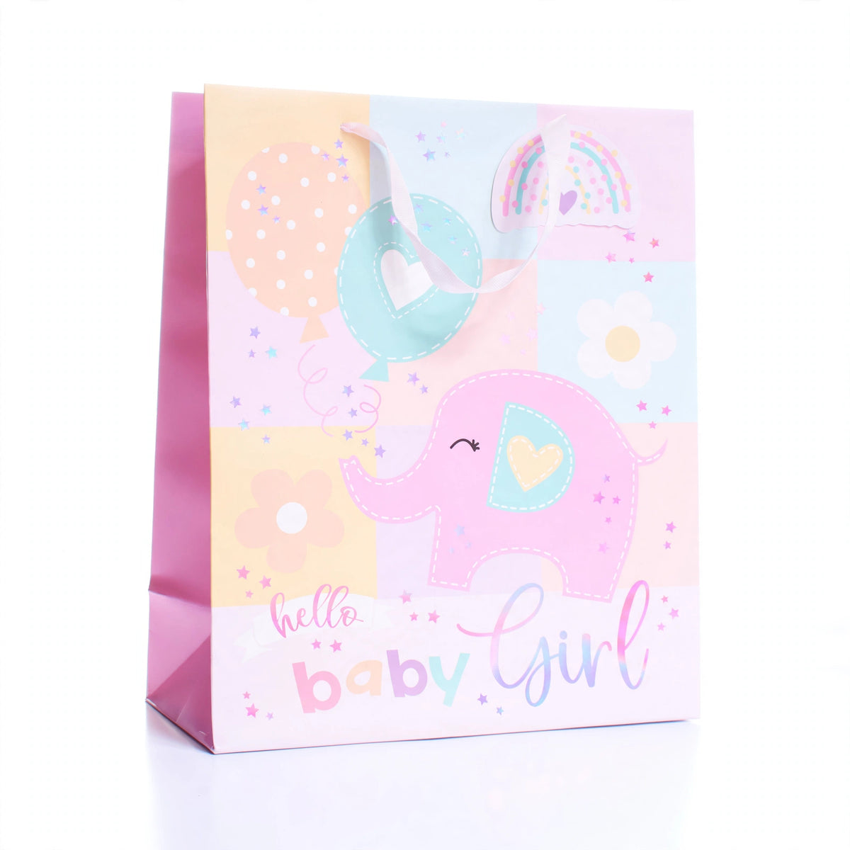Pink Gift Bag Hello Baby Girl Elephant Medium with playful elephant design and Hello Baby Girl message