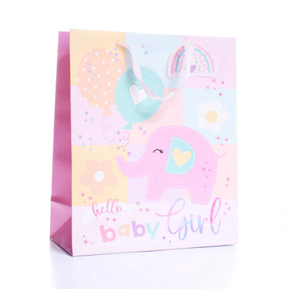 Pink Gift Bag Hello Baby Girl Elephant Medium with playful elephant design and Hello Baby Girl message