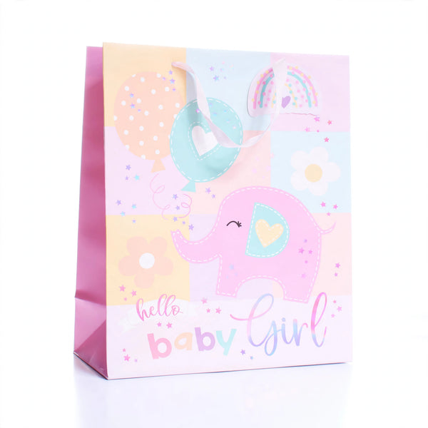 Pink Gift Bag Hello Baby Girl Elephant Medium with playful elephant design and Hello Baby Girl message