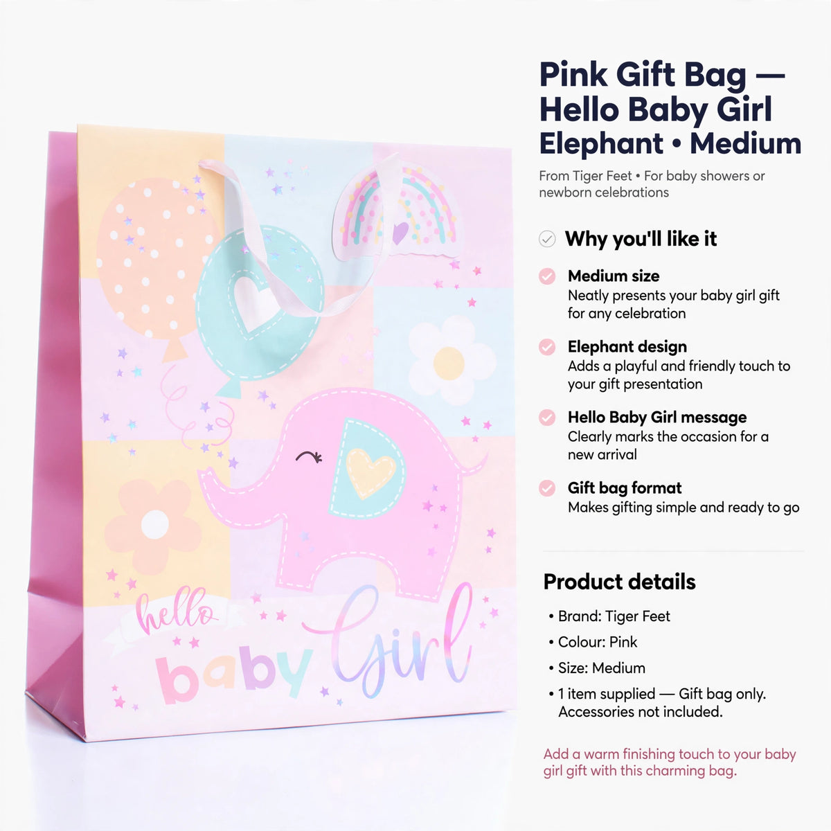 Medium-sized gift bag for baby girl gifts with playful elephant design and clear occasion message
