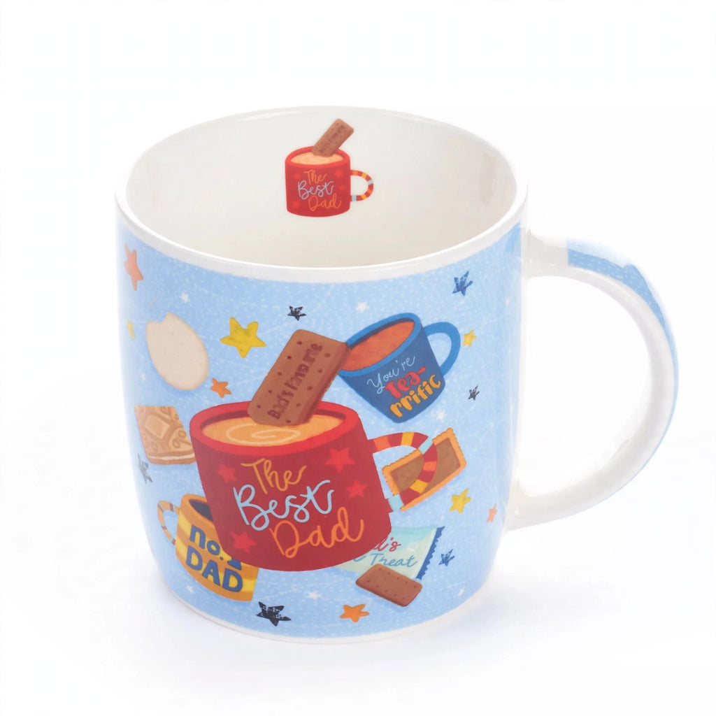 Detail view of the Best Dad printed text on the mug