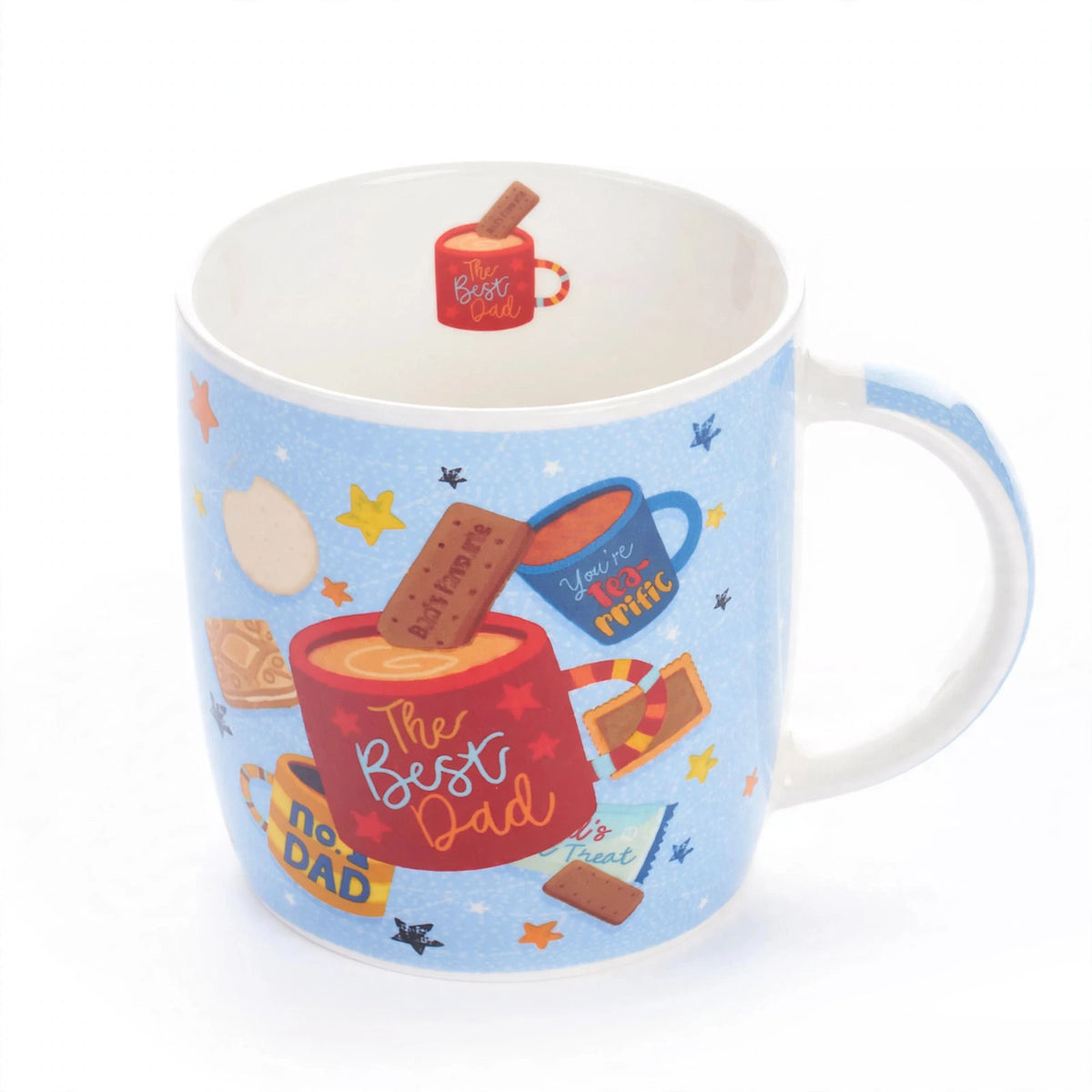 Detail view of the Best Dad printed text on the mug