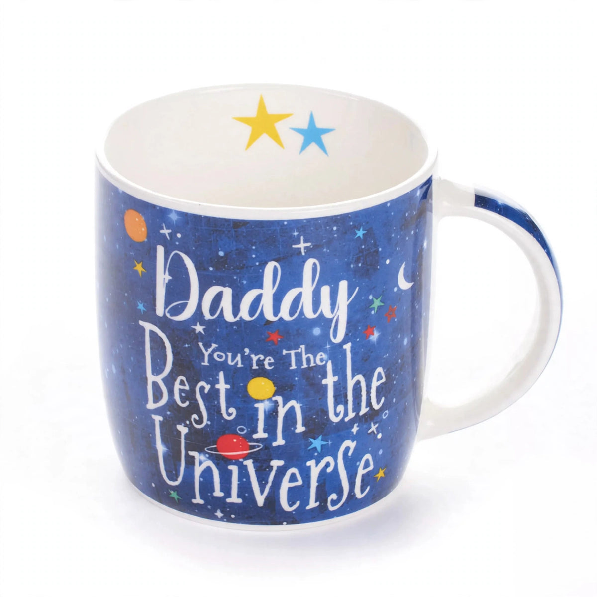 Detail view of the ceramic mug showing the printed message