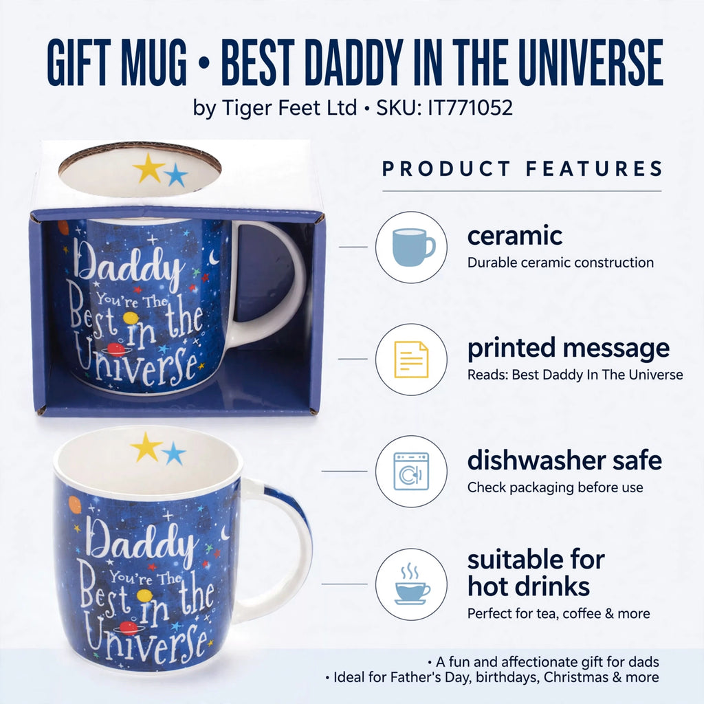 Features of the ceramic gift mug including being dishwasher safe and suitable for hot drinks