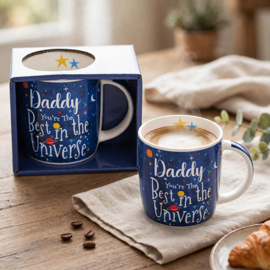 Ceramic gift mug being used in a home setting