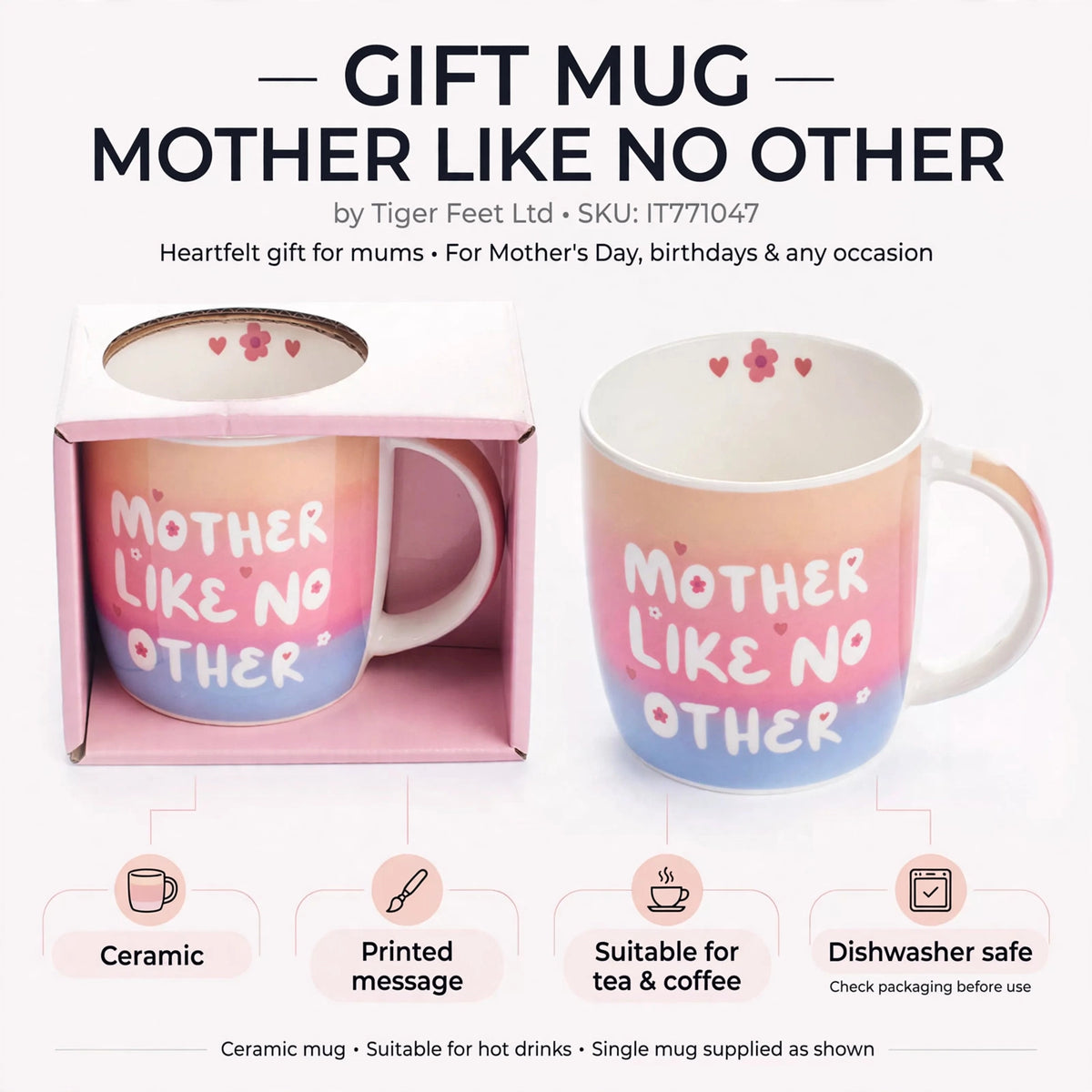 Feature infographic highlighting the ceramic material and dishwasher safety of the mug