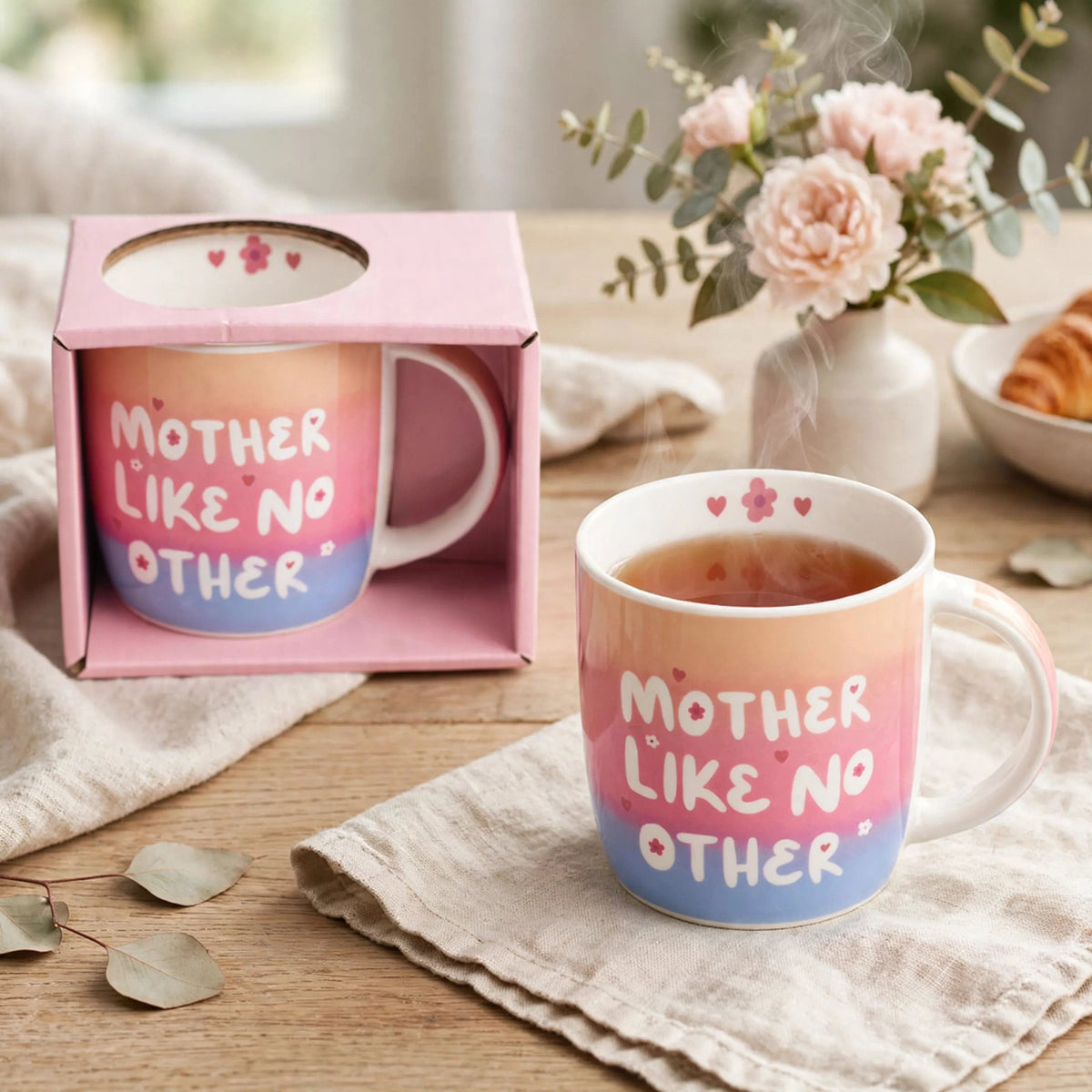 Ceramic mug displayed with coffee on a table setting