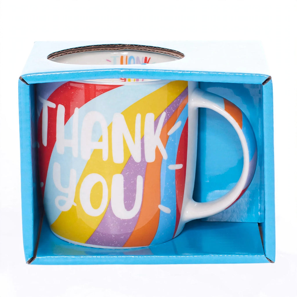 detailed view of the printed Thank You text on the mug