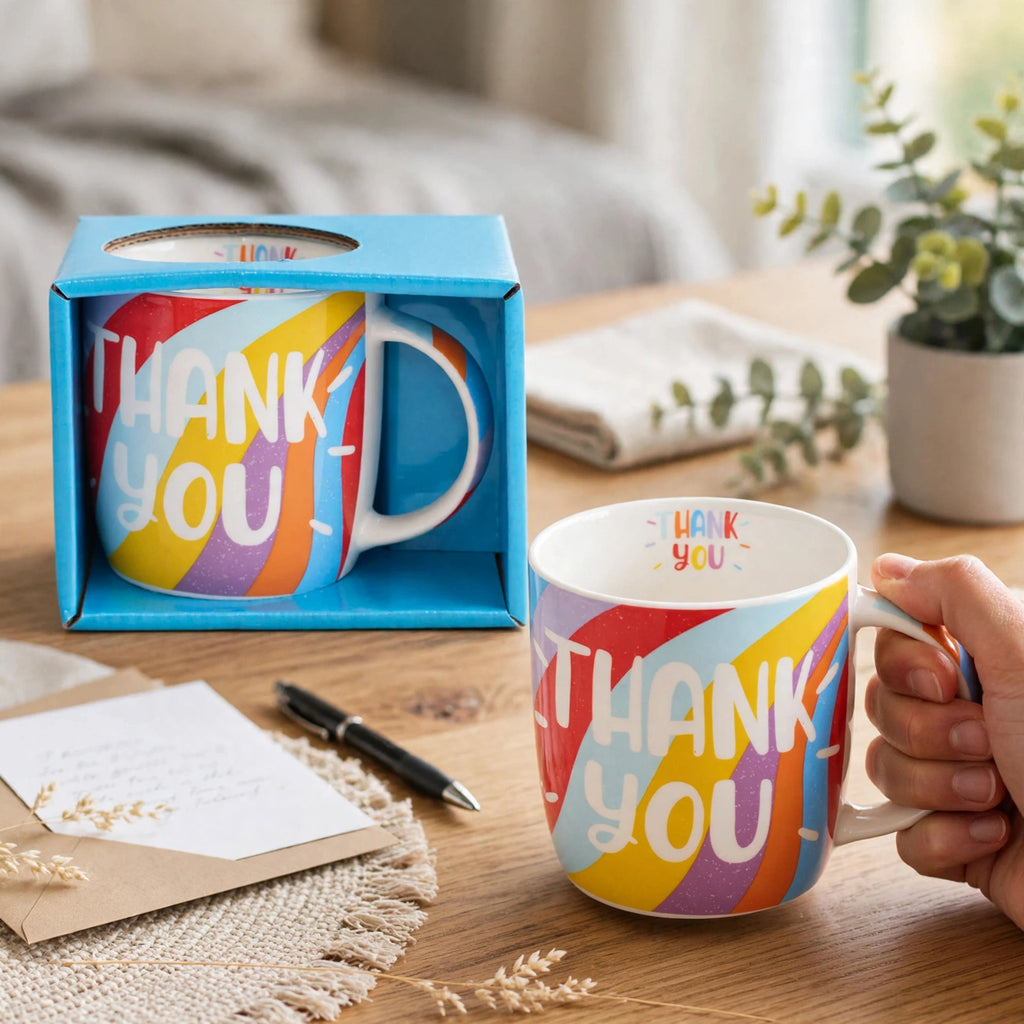 Thank You mug displayed with a hot drink