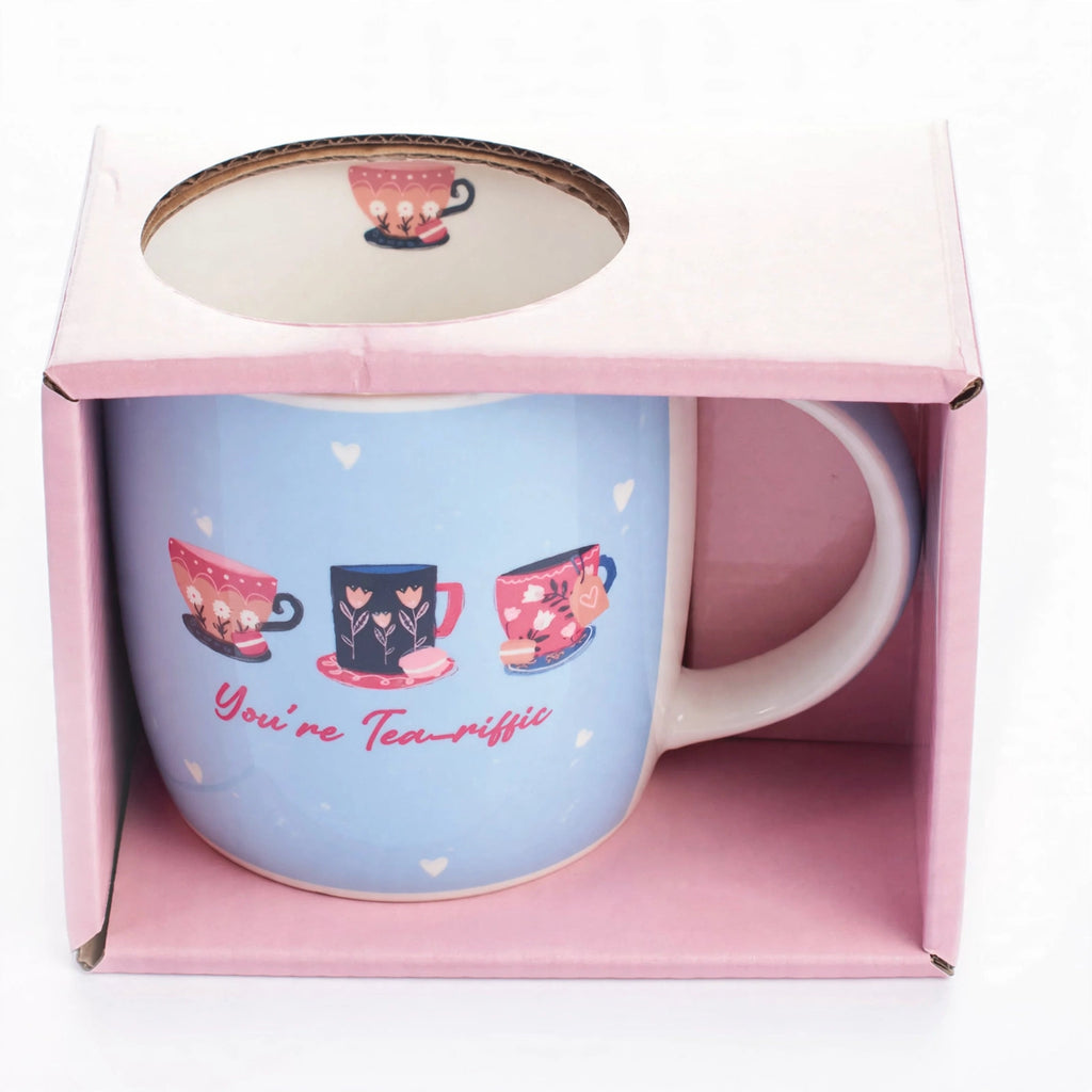 Detail view of the 'You're Tea-Riffic' ceramic gift mug